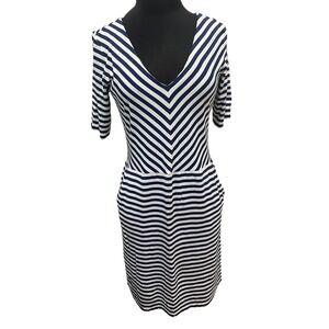 J.McLaughlin Catalina Cloth Striped V-Neck Pocket Dress Navy White Medium
